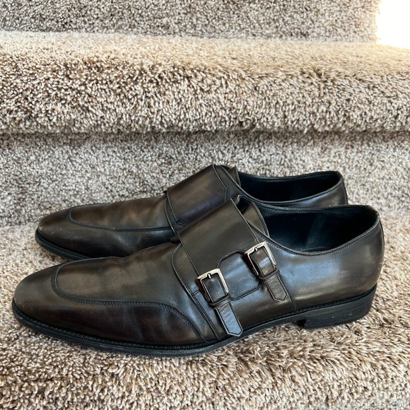 Salvatore Ferragamo Men\'s Brown Double Monk Straps Leather Loafers.